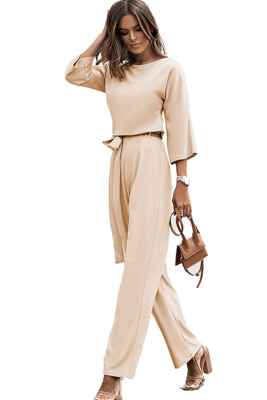 Apricot Braselet Sleeve Waist Tie Wide Leg Jumpsuit