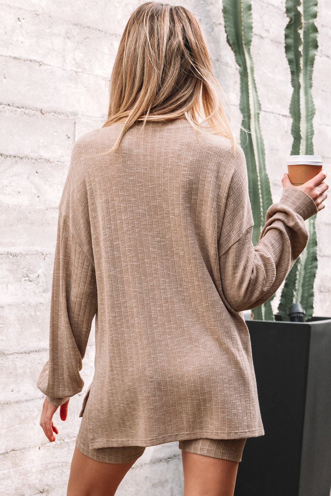 Dark Khaki Ribbed Balloon Sleeve Pullover Top and Biker Knitted Short Set