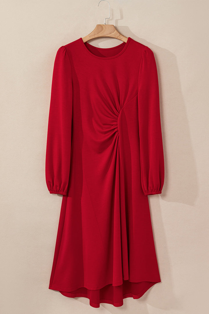 Fiery Red Solid Color Ruched Detail Long Sleeve Midi Dress