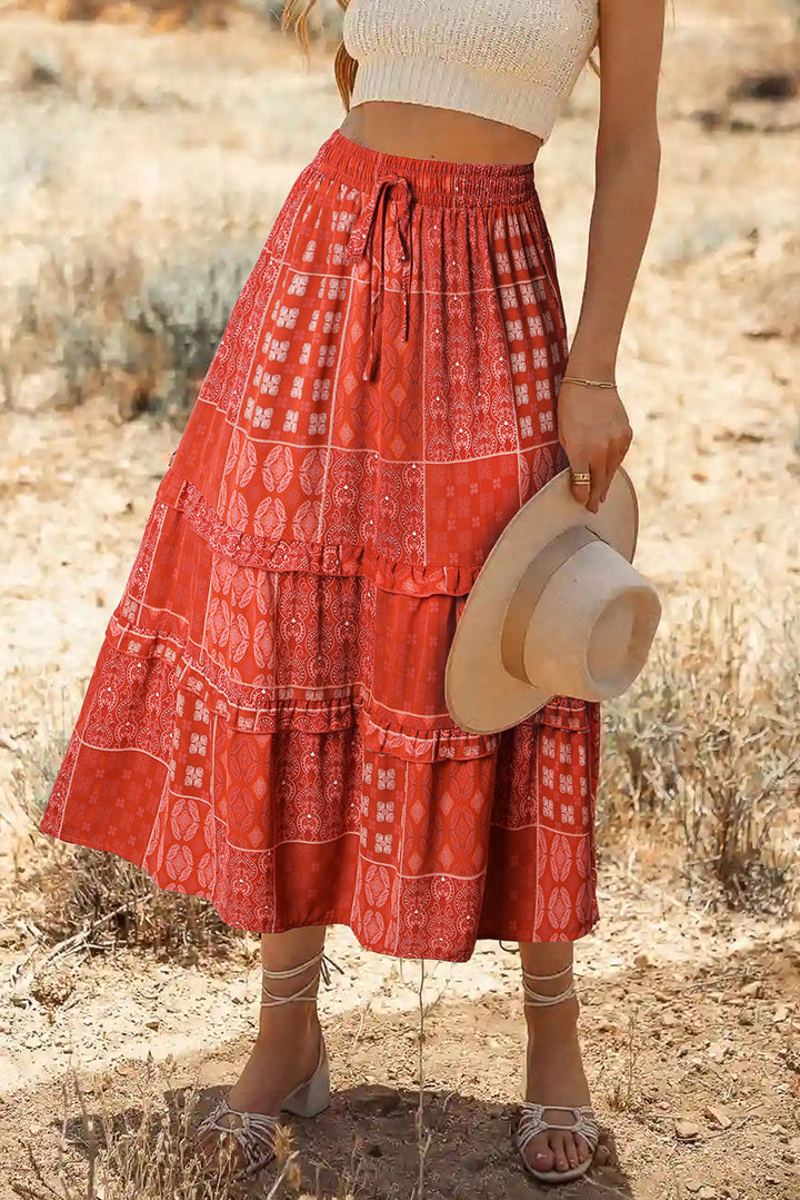 Fiery Red Bohemian Mix Print Long Flared Skirt | Women