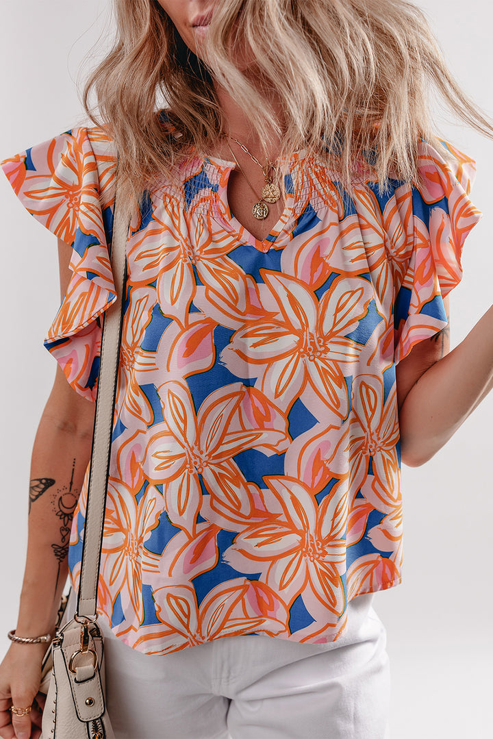 Orange Summer Flower Print Notched Neck Ruffle Sleeve Blouse