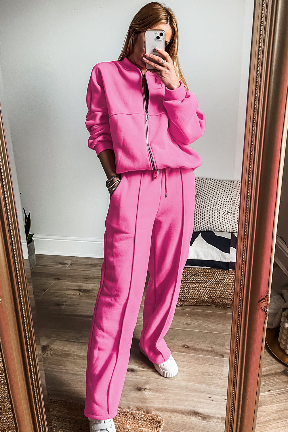 Bright Pink Solid Seamed Zipper Jacket and Drawstring Waist Pants Set