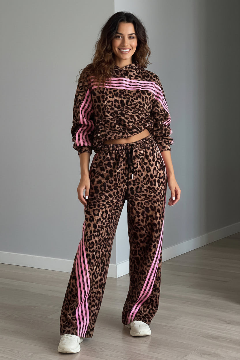 Brown Leopard Print Contrast Striped Detail Long Sleeve Top Pant Set