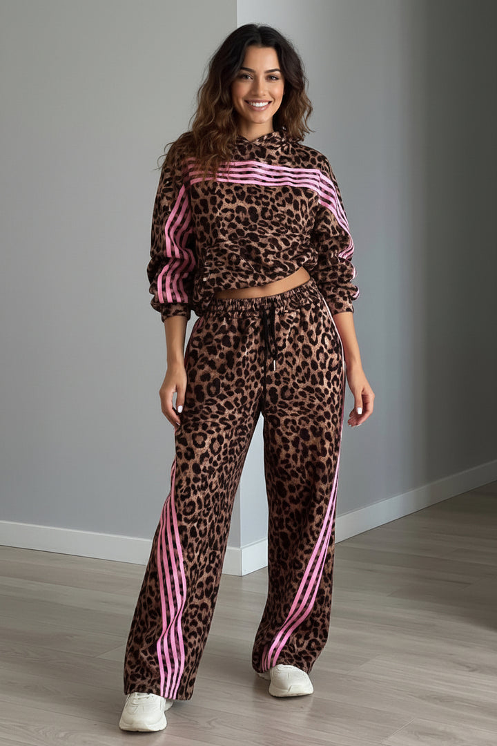 Brown Leopard Print Contrast Striped Detail Long Sleeve Top Pant Set