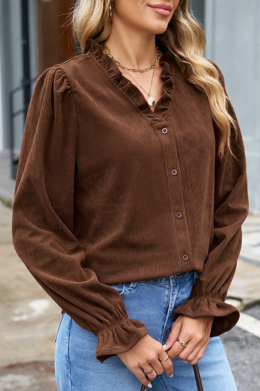 Coffee Solid Color Ruffle Trim V Neck Long Sleeve Button Corduroy Shakcet