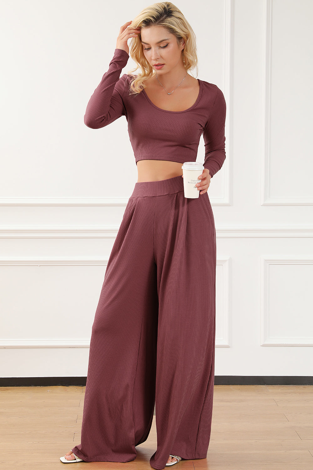 Solid Color Ribbed Crop Top Long Pants Set | Women