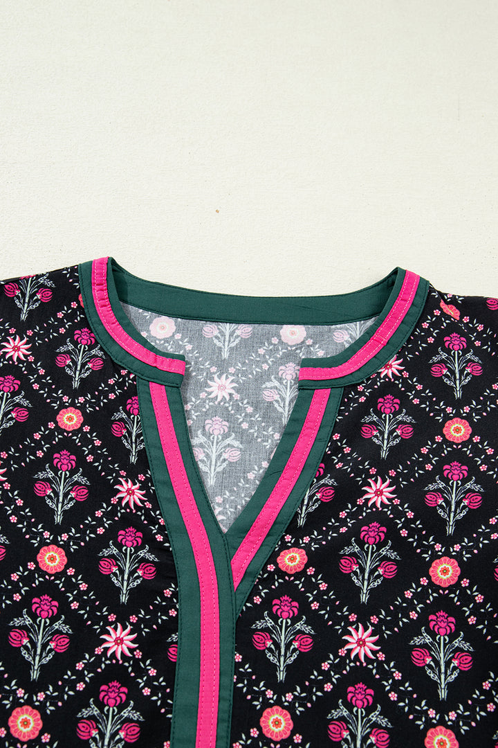 Black Contrast V Neckline Bracelet Sleeve Vintage Floral Blouse