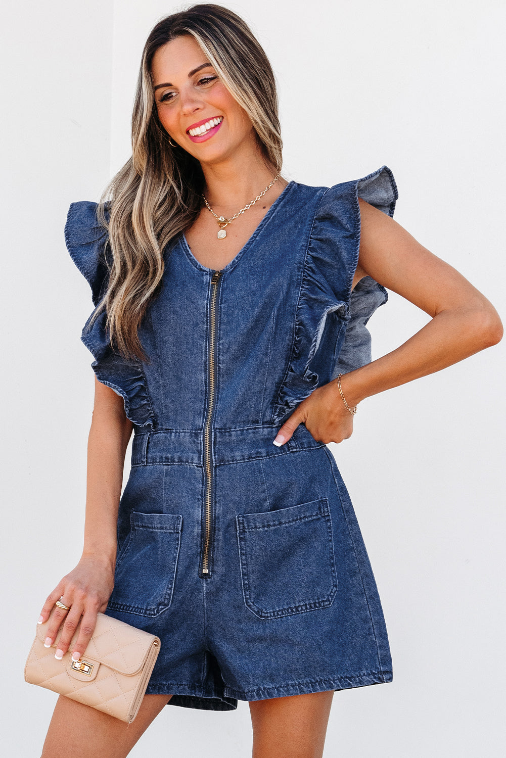 Women’s Denim Romper with Ruffle Sleeves and Front Zipper
