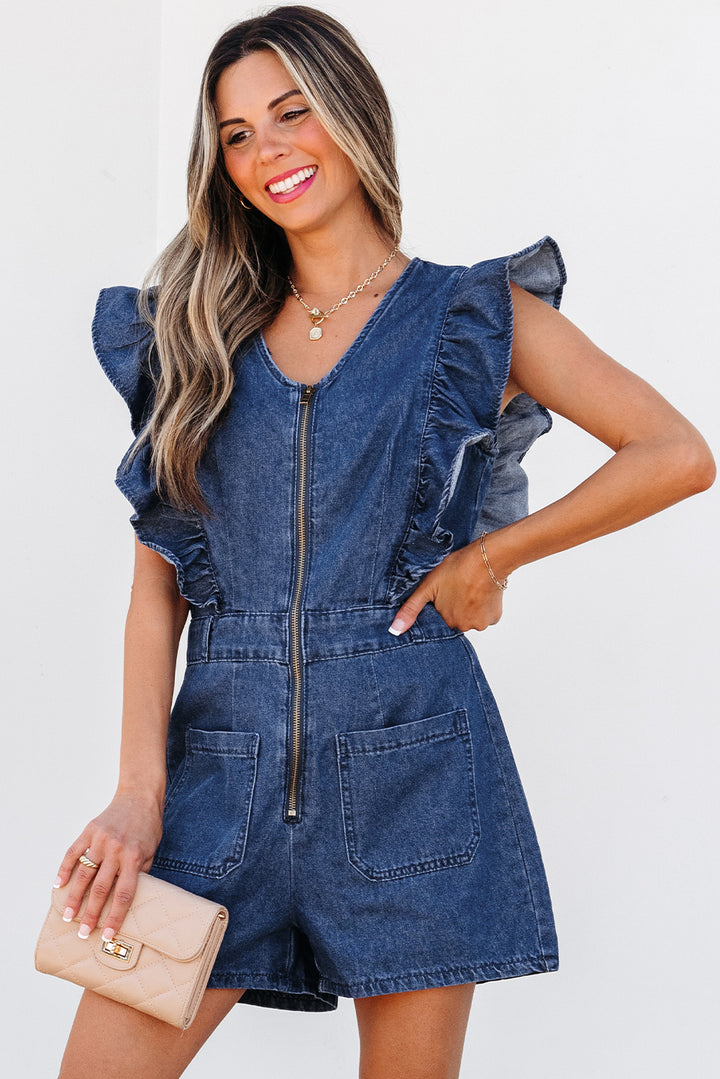 Women’s Denim Romper with Ruffle Sleeves and Front Zipper