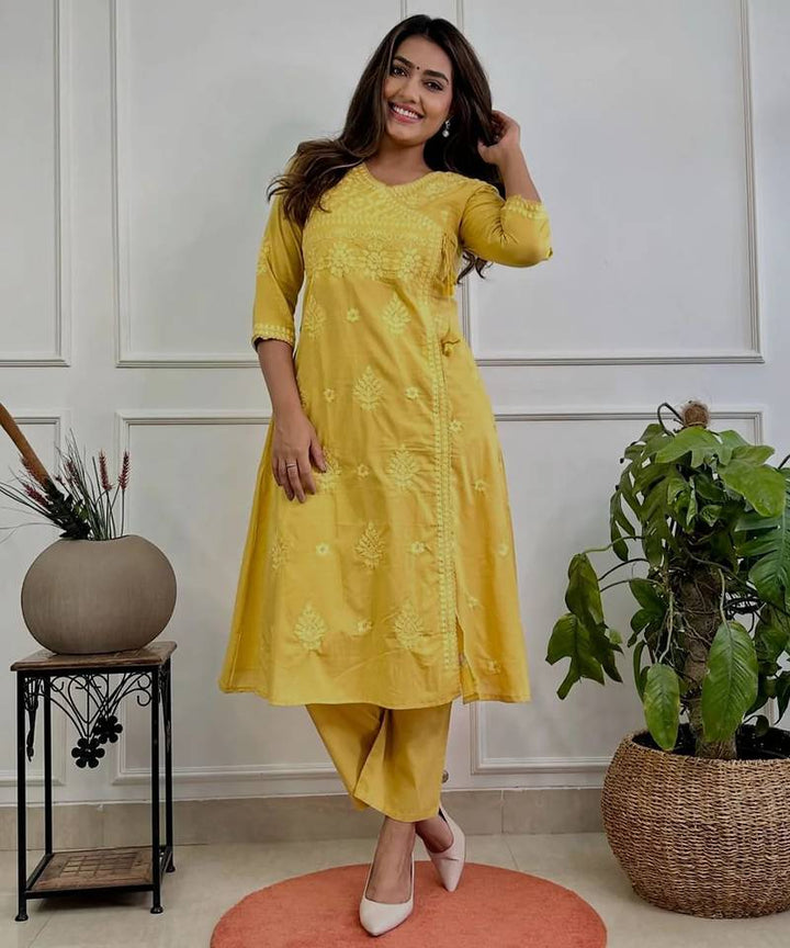Embroidered A-Line Kurta with V-Neck &amp; Three-Quarter Sleeves