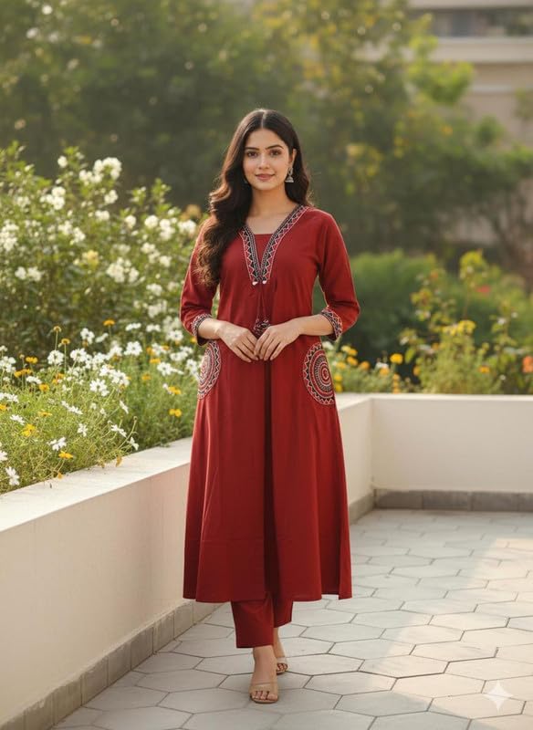 Women’s Solid Embroidered A-Line Kurta Set with Pants