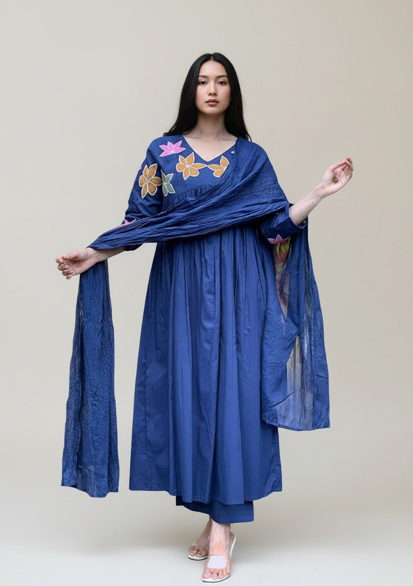 Midnight Blue Floral Embroidered Anarkali Kurta Set with Dupatta