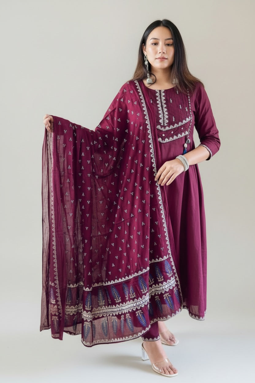 Elegant Wine Embroidered Anarkali Suit Set with Dupatta