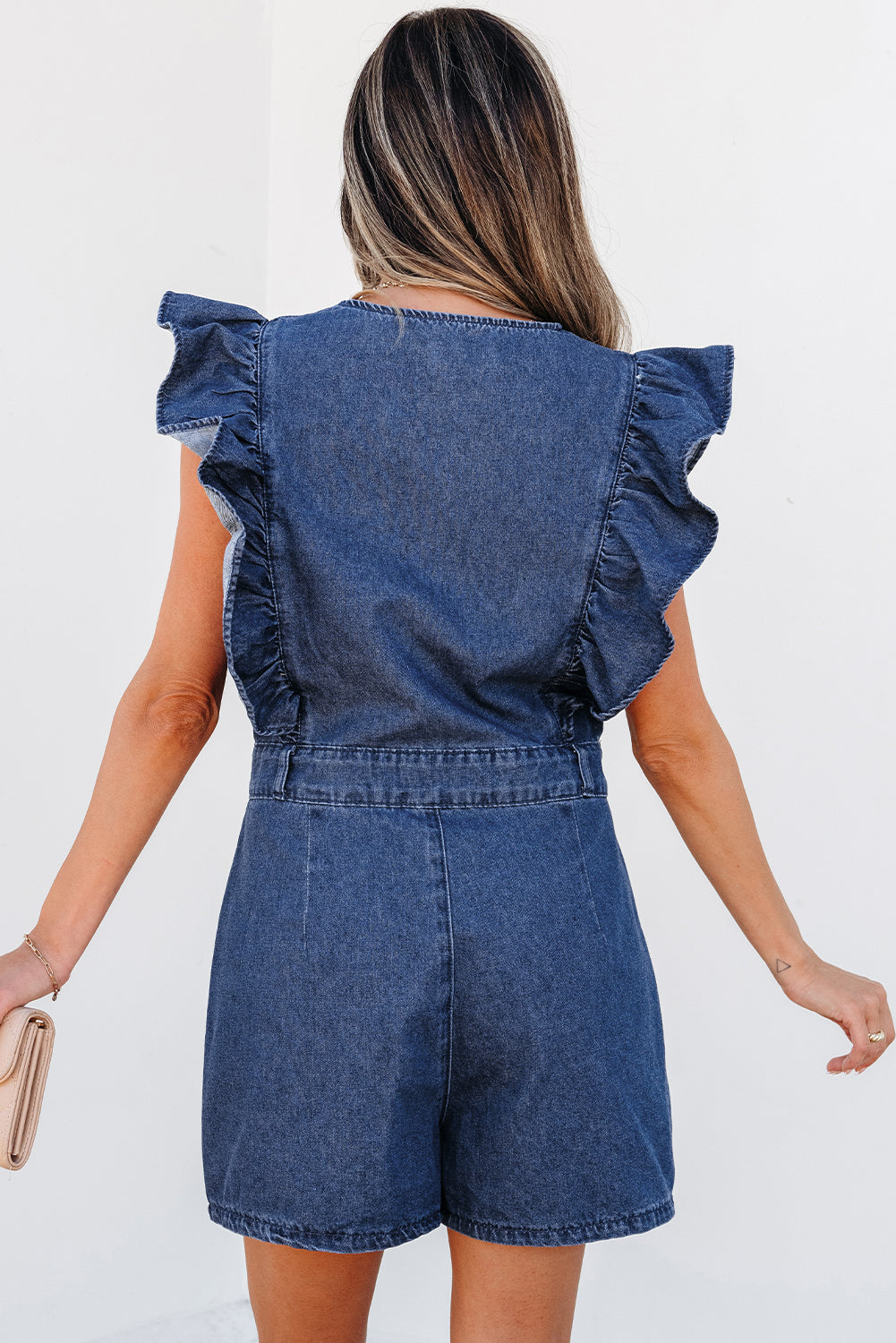 Women’s Denim Romper with Ruffle Sleeves and Front Zipper