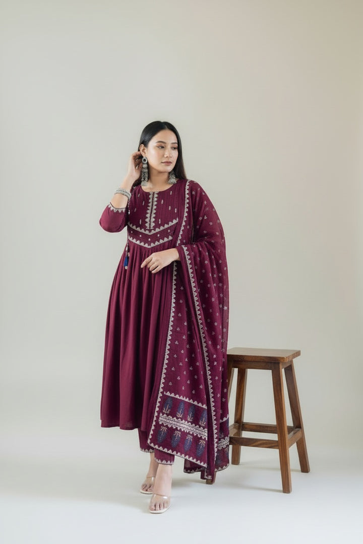 Elegant Wine Embroidered Anarkali Suit Set with Dupatta