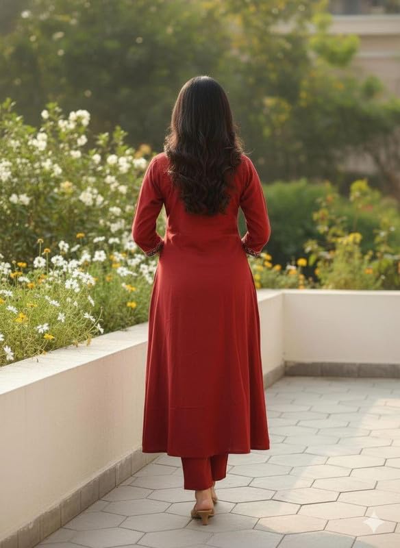 Women’s Solid Embroidered A-Line Kurta Set with Pants