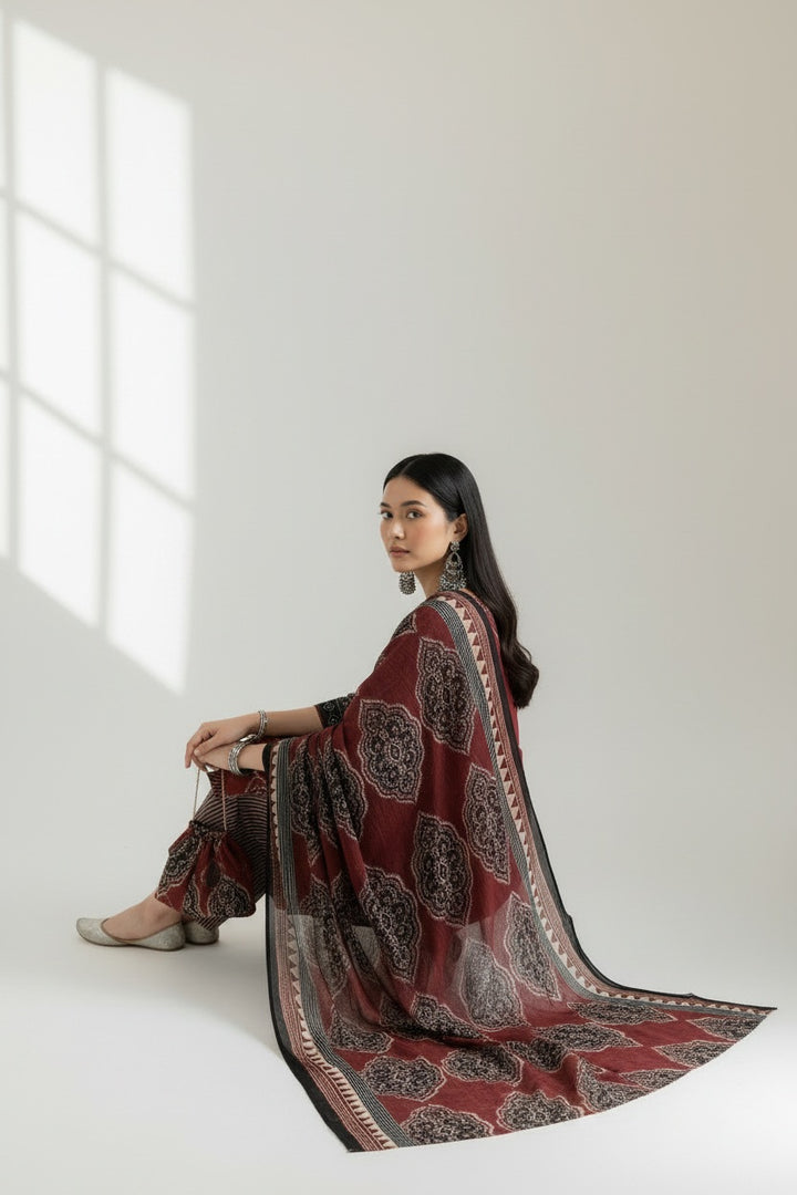 Maroon Ethnic Printed Kurta Set with Matching Dupatta