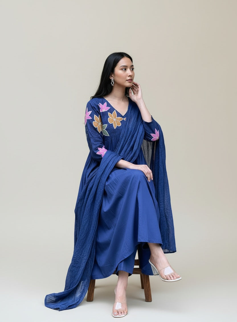 Midnight Blue Floral Embroidered Anarkali Kurta Set with Dupatta