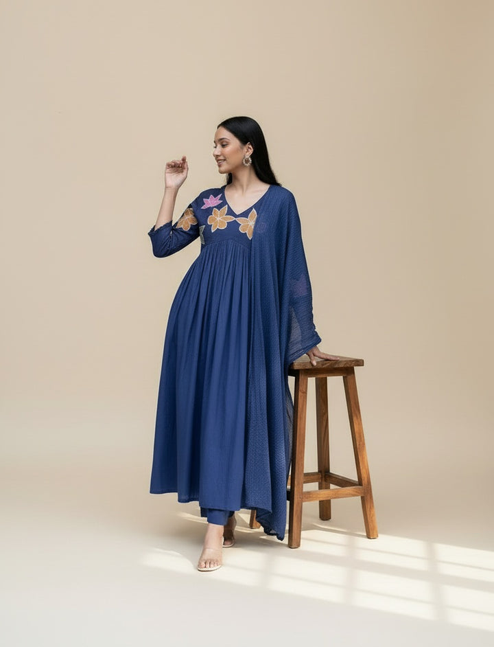 Midnight Blue Floral Embroidered Anarkali Kurta Set with Dupatta