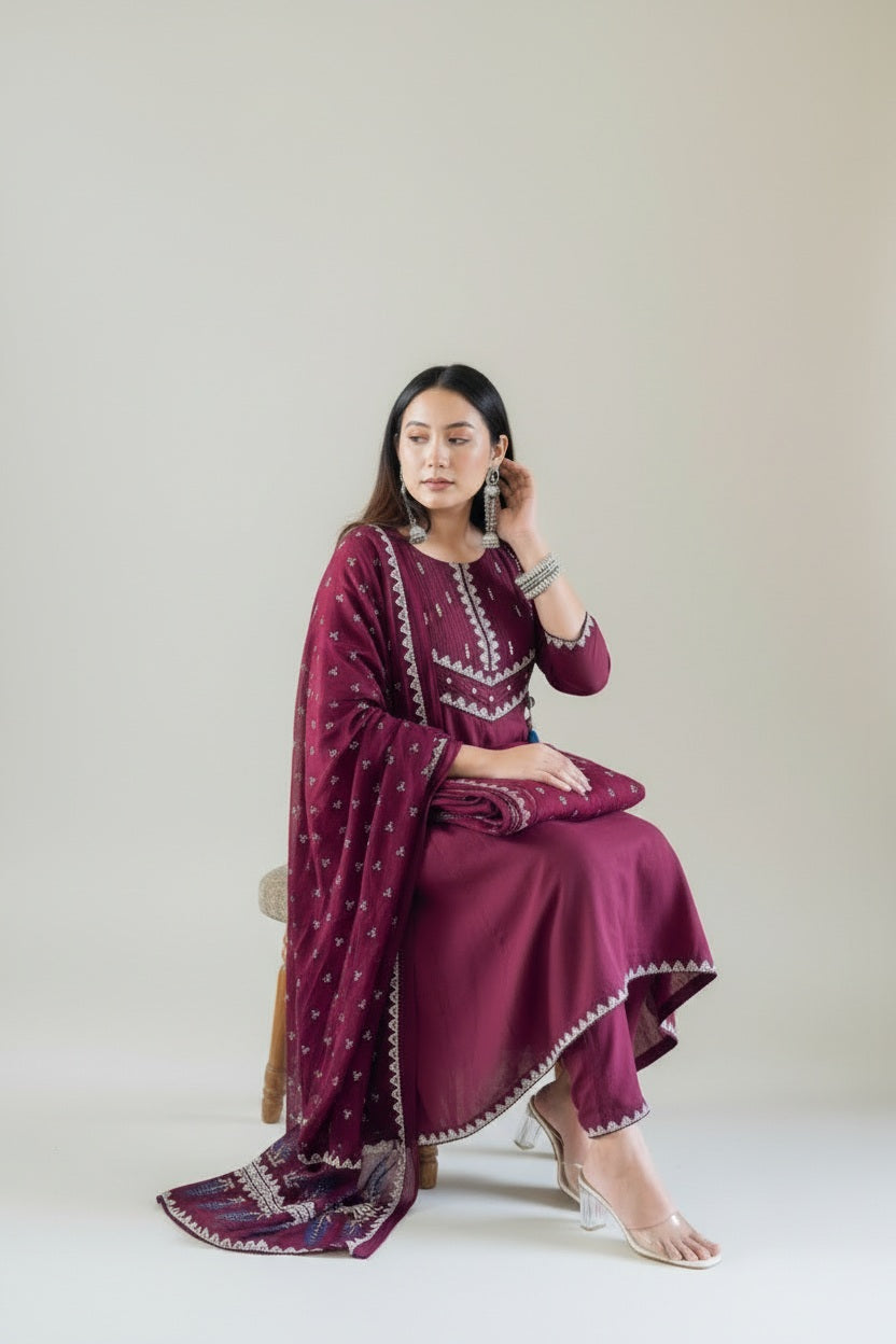Elegant Wine Embroidered Anarkali Suit Set with Dupatta