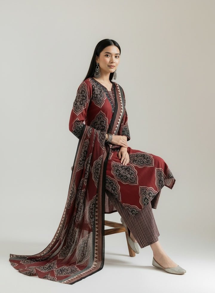 Maroon Ethnic Printed Kurta Set with Matching Dupatta
