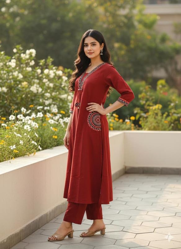 Women’s Solid Embroidered A-Line Kurta Set with Pants