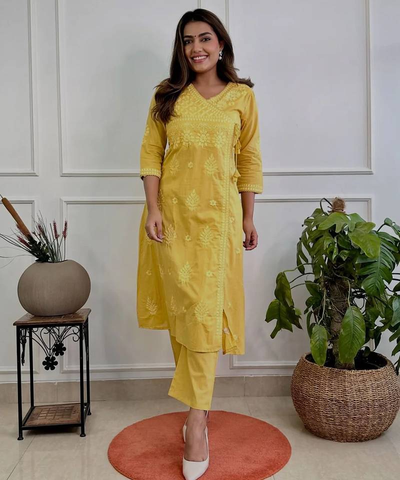 Embroidered A-Line Kurta with V-Neck &amp; Three-Quarter Sleeves