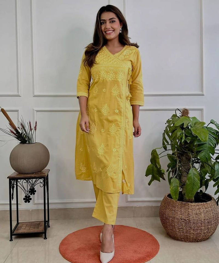 Embroidered A-Line Kurta with V-Neck &amp; Three-Quarter Sleeves