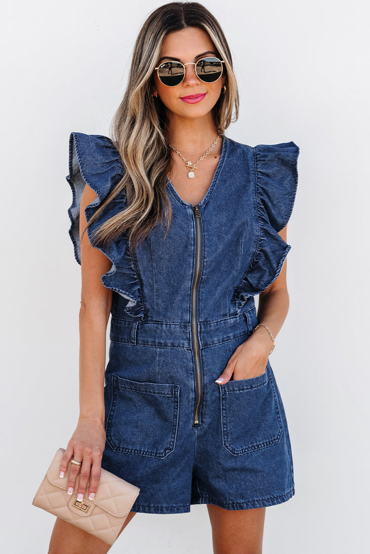 Women’s Denim Romper with Ruffle Sleeves and Front Zipper