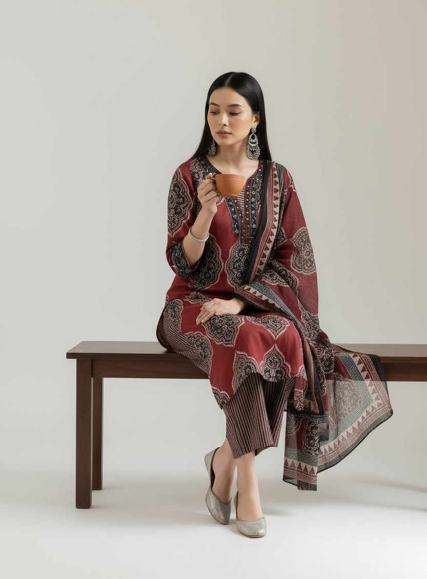 Maroon Ethnic Printed Kurta Set with Matching Dupatta
