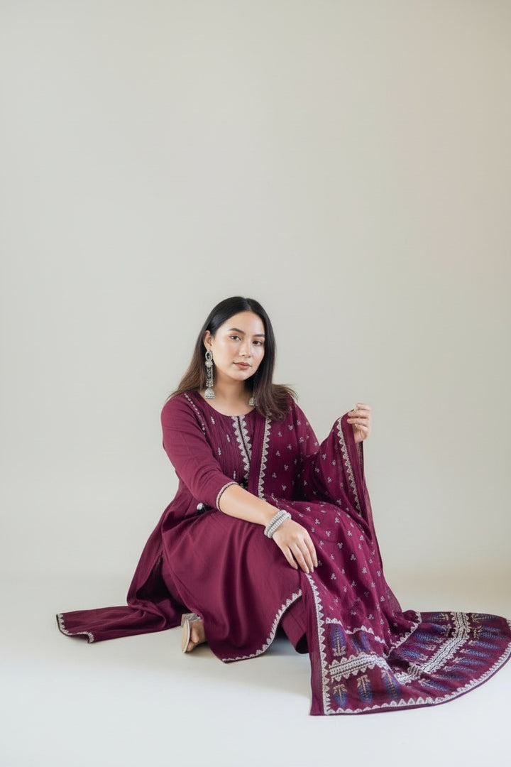 Elegant Wine Embroidered Anarkali Suit Set with Dupatta
