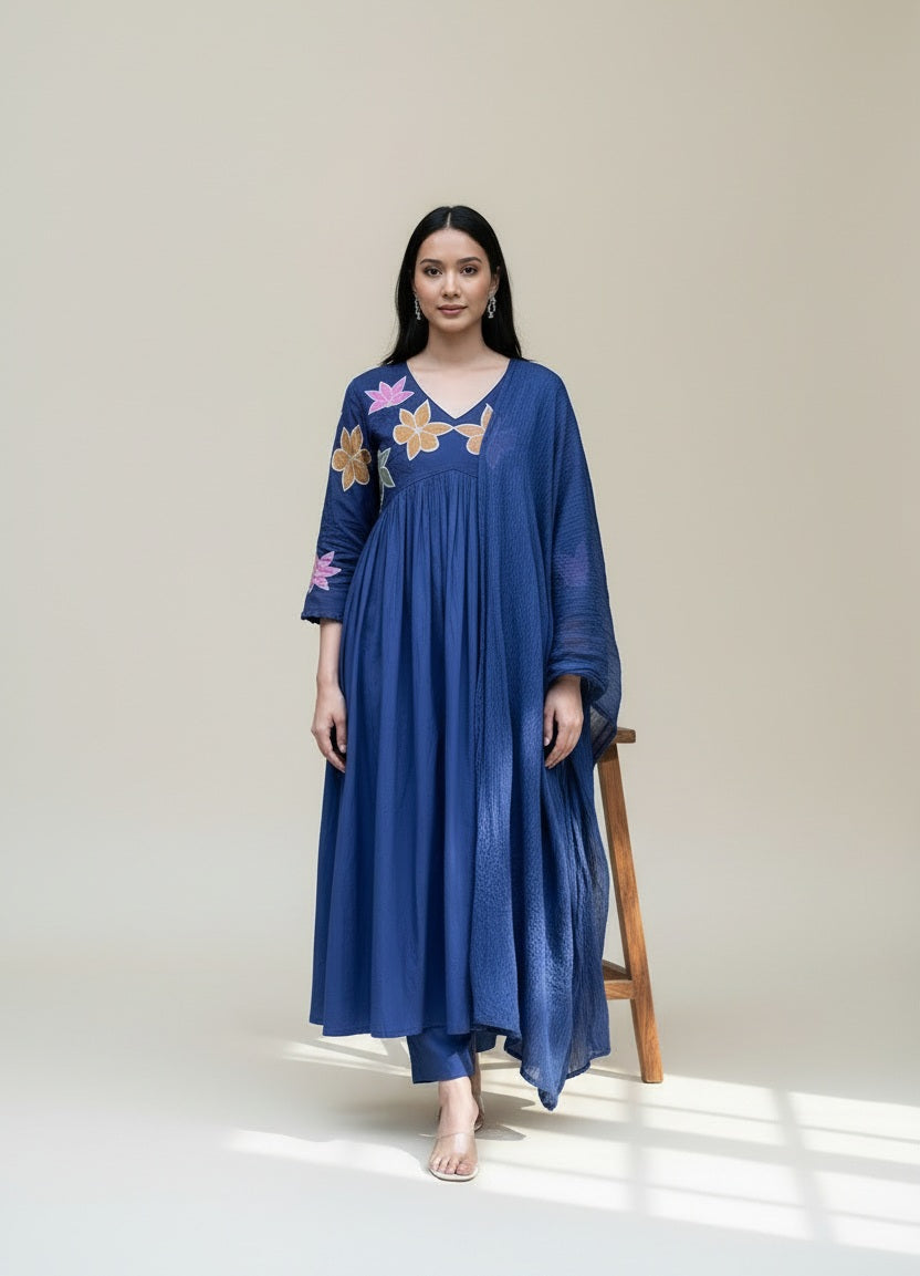 Midnight Blue Floral Embroidered Anarkali Kurta Set with Dupatta