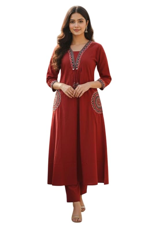 Women’s Solid Embroidered A-Line Kurta Set with Pants