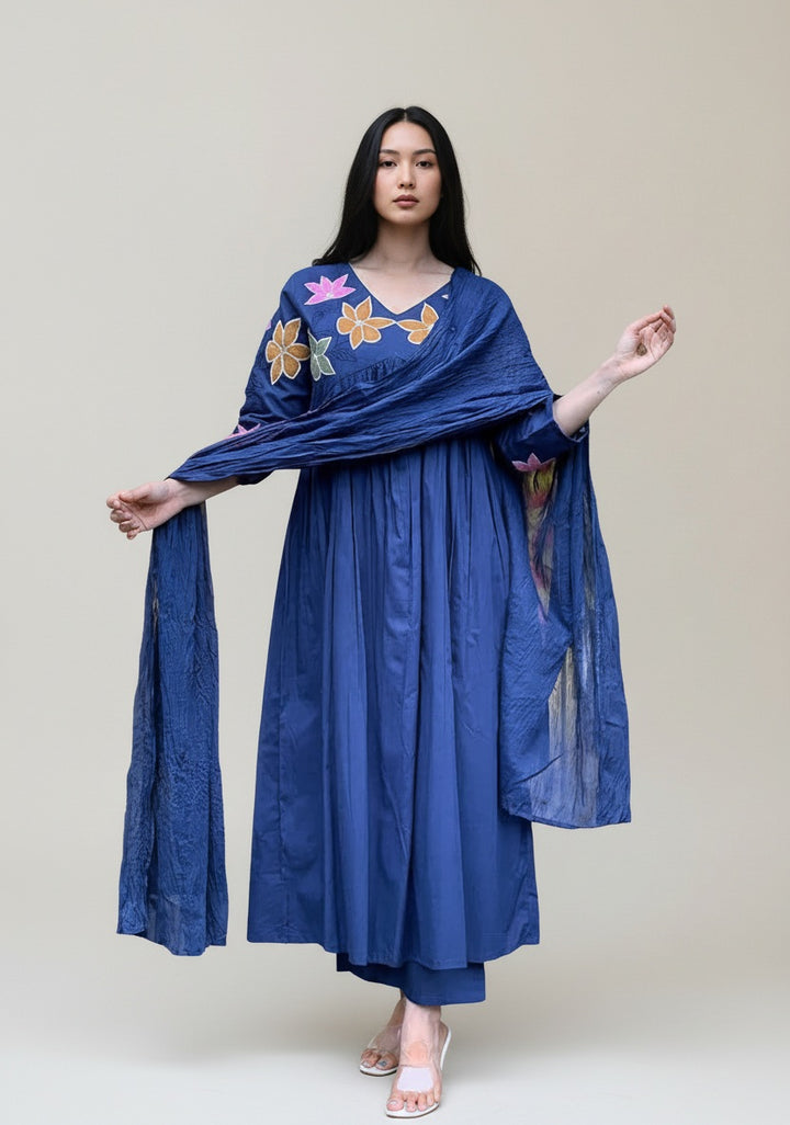 Midnight Blue Floral Embroidered Anarkali Kurta Set with Dupatta