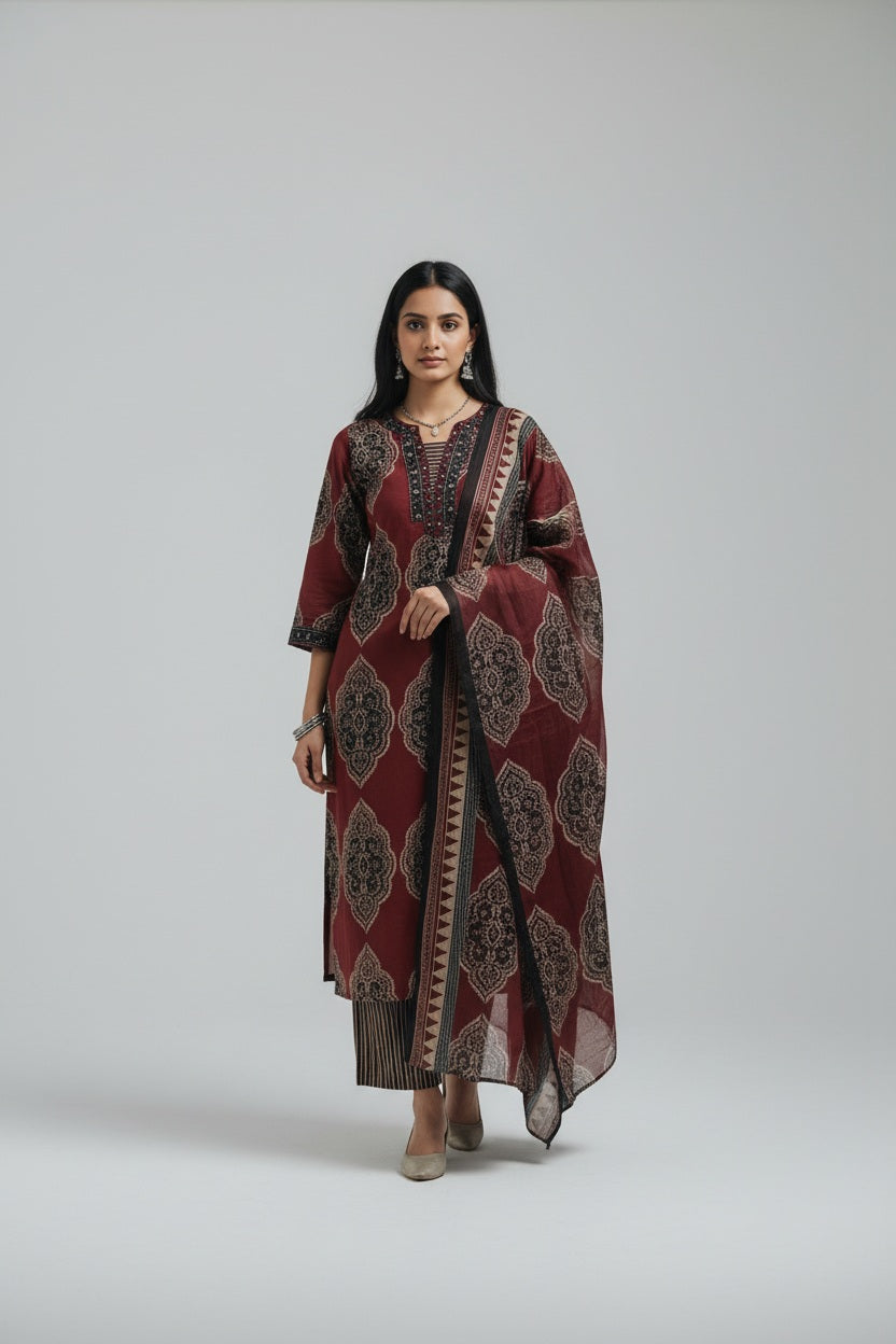 Maroon Ethnic Printed Kurta Set with Matching Dupatta