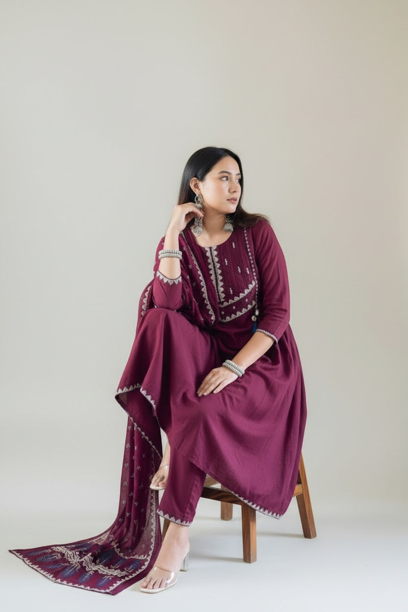 Elegant Wine Embroidered Anarkali Suit Set with Dupatta