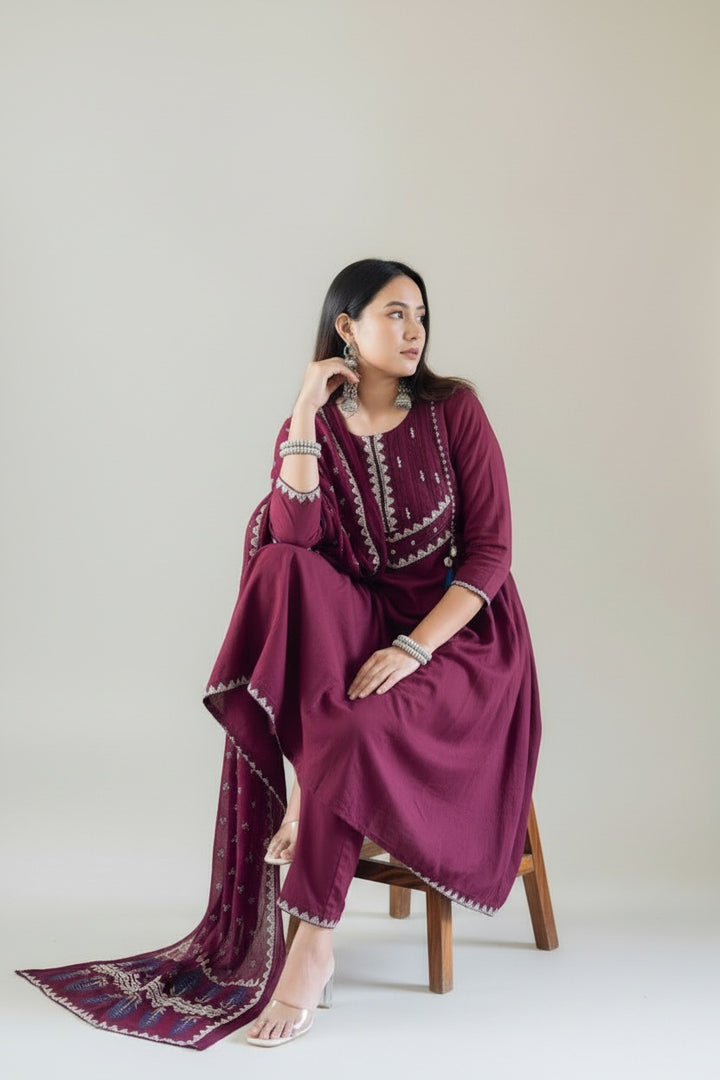 Elegant Wine Embroidered Anarkali Suit Set with Dupatta