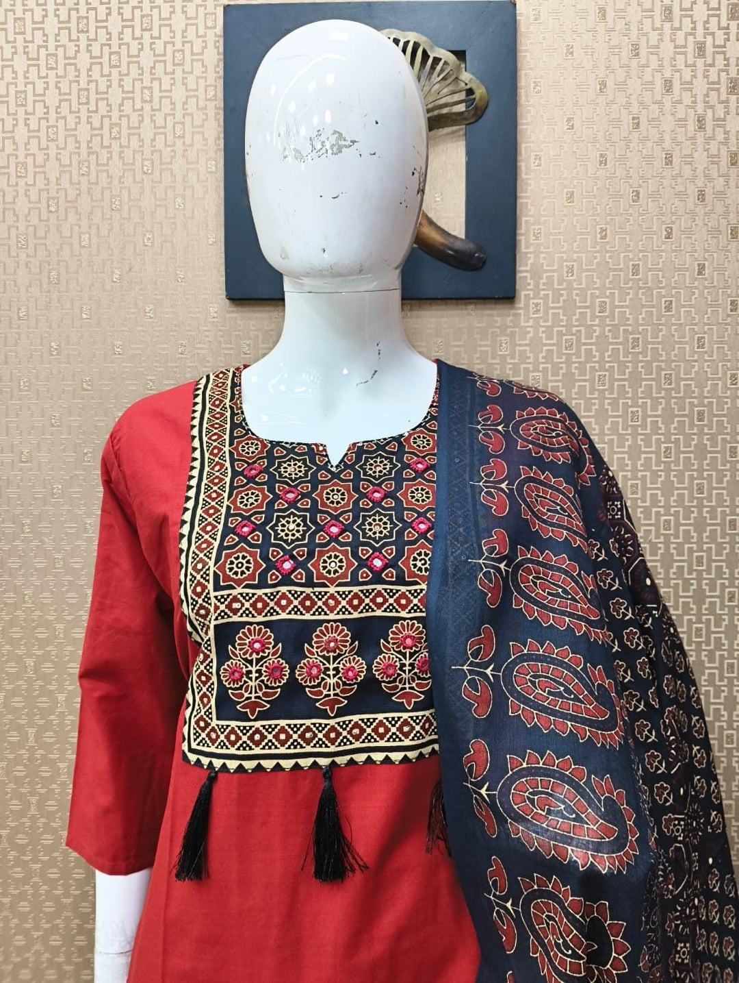 Embroidered Yoke Red Kurta Set with Straight Pants