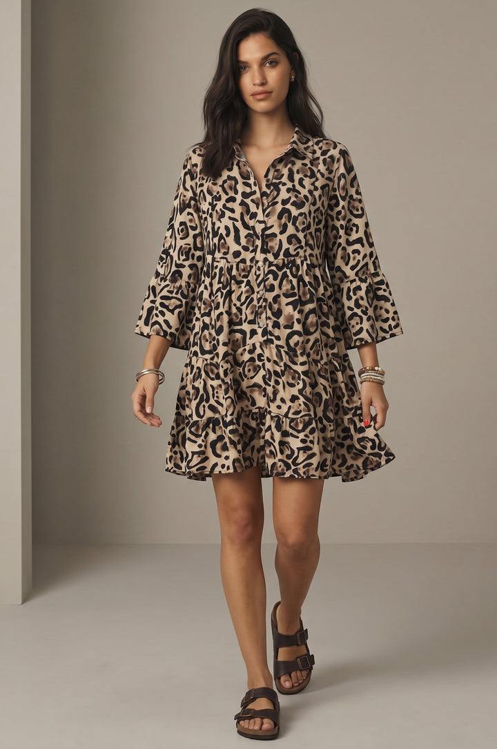 Black Leopard Print Buttoned Front 3/4 Sleeve Tiered Ruffled Hem Dress