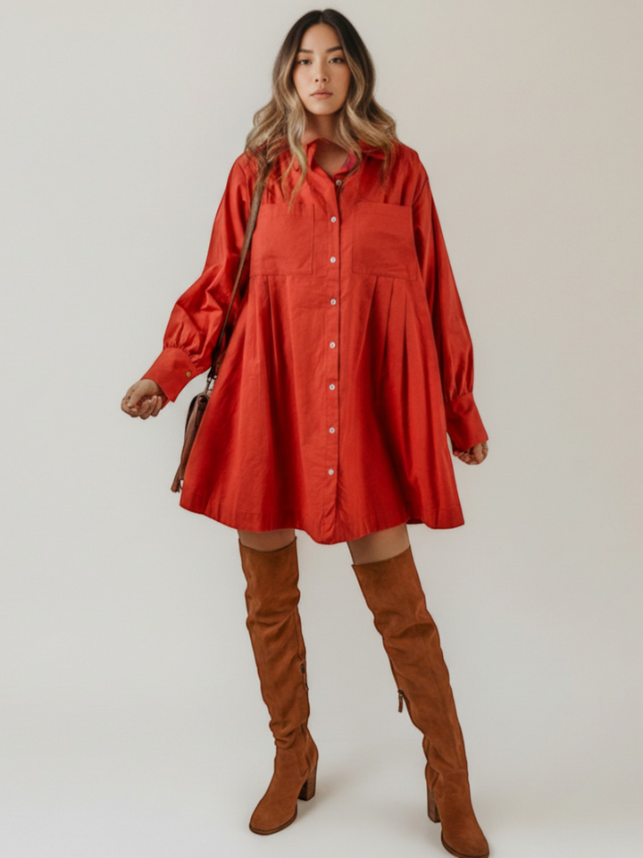 Tomato Red Bishop Sleeve Button Up Pleated Mini Shirt Dress
