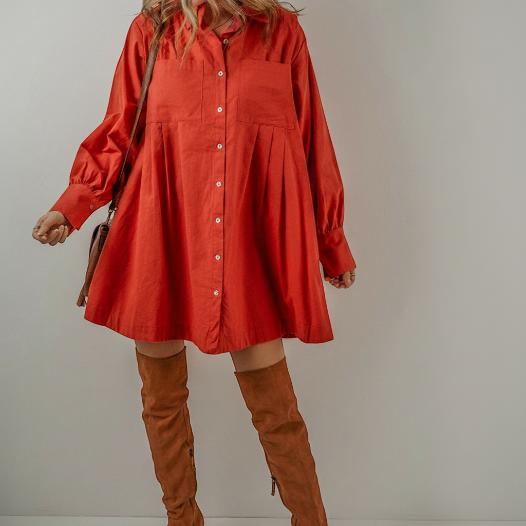 Tomato Red Bishop Sleeve Button Up Pleated Mini Shirt Dress