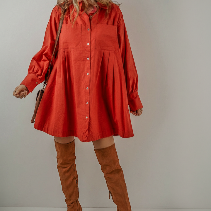 Tomato Red Bishop Sleeve Button Up Pleated Mini Shirt Dress