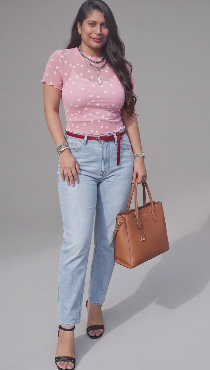 Pink Allover Heart Print Mesh Short Sleeve Top