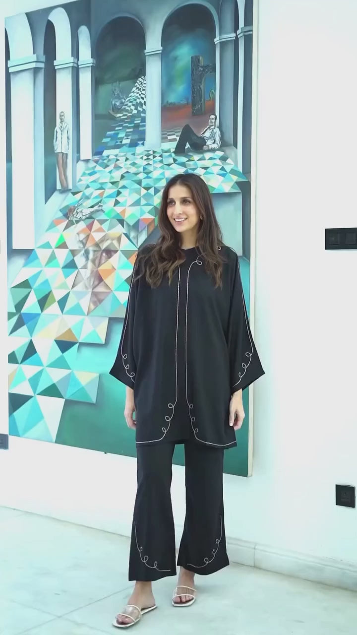 Embroidery Black Italian Cotton Viscose Blend Co-Ord Set