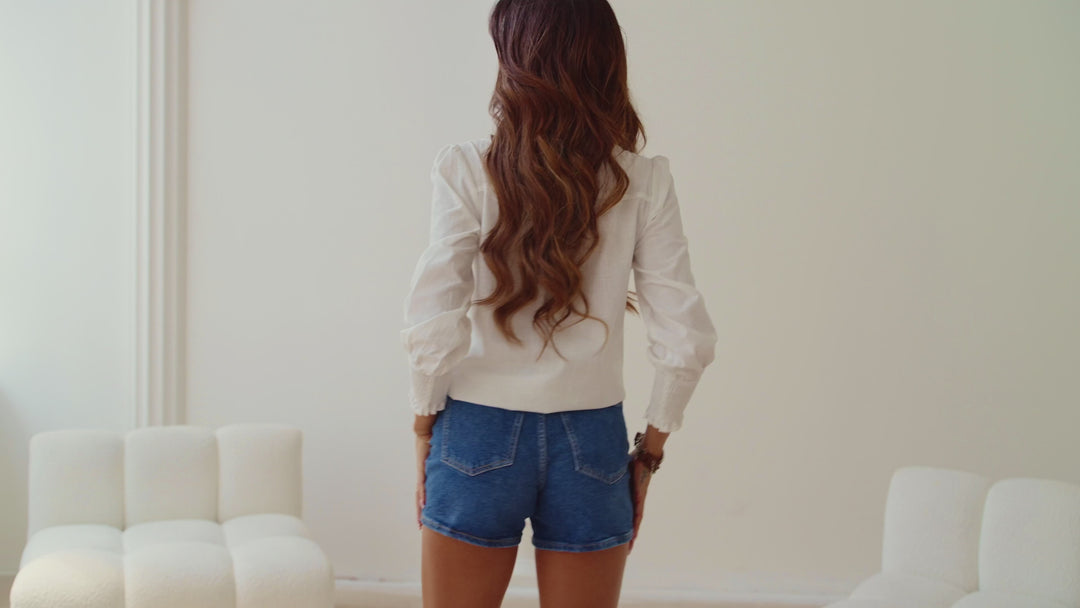 White Floral Embroidered Shirred Sleeve Elegant Shirt