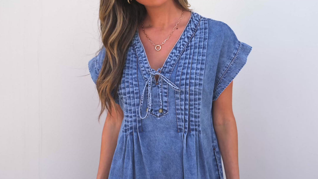 Beau Blue Tie V Neck Tucking Detail Short Sleeve Denim Shift Dress