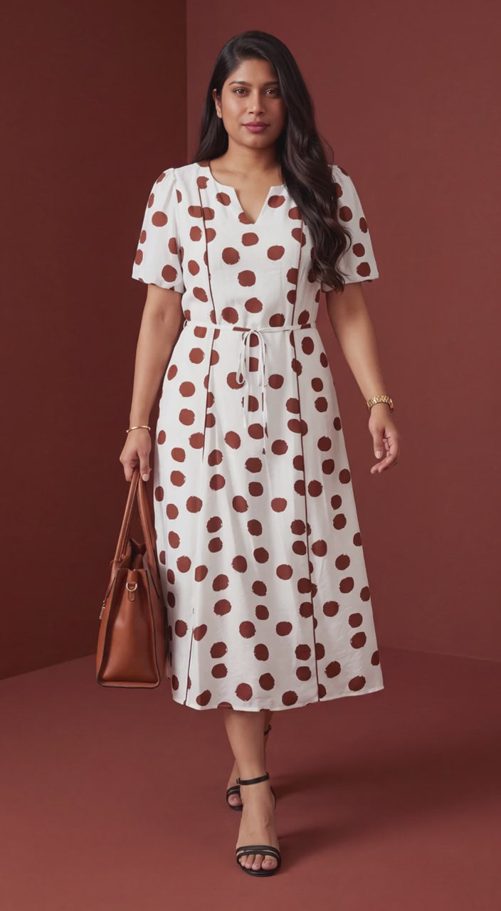 White Polka Dot Printed V Neck Short Sleeve Tie Waist Midi Dress
