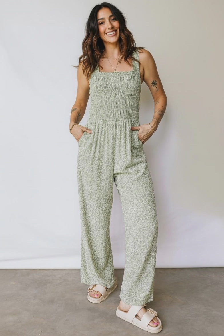 Green Smocked Bodice Square Neck Sleeveless Floral Jumpsuit
