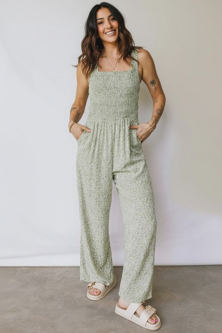 Green Smocked Bodice Square Neck Sleeveless Floral Jumpsuit