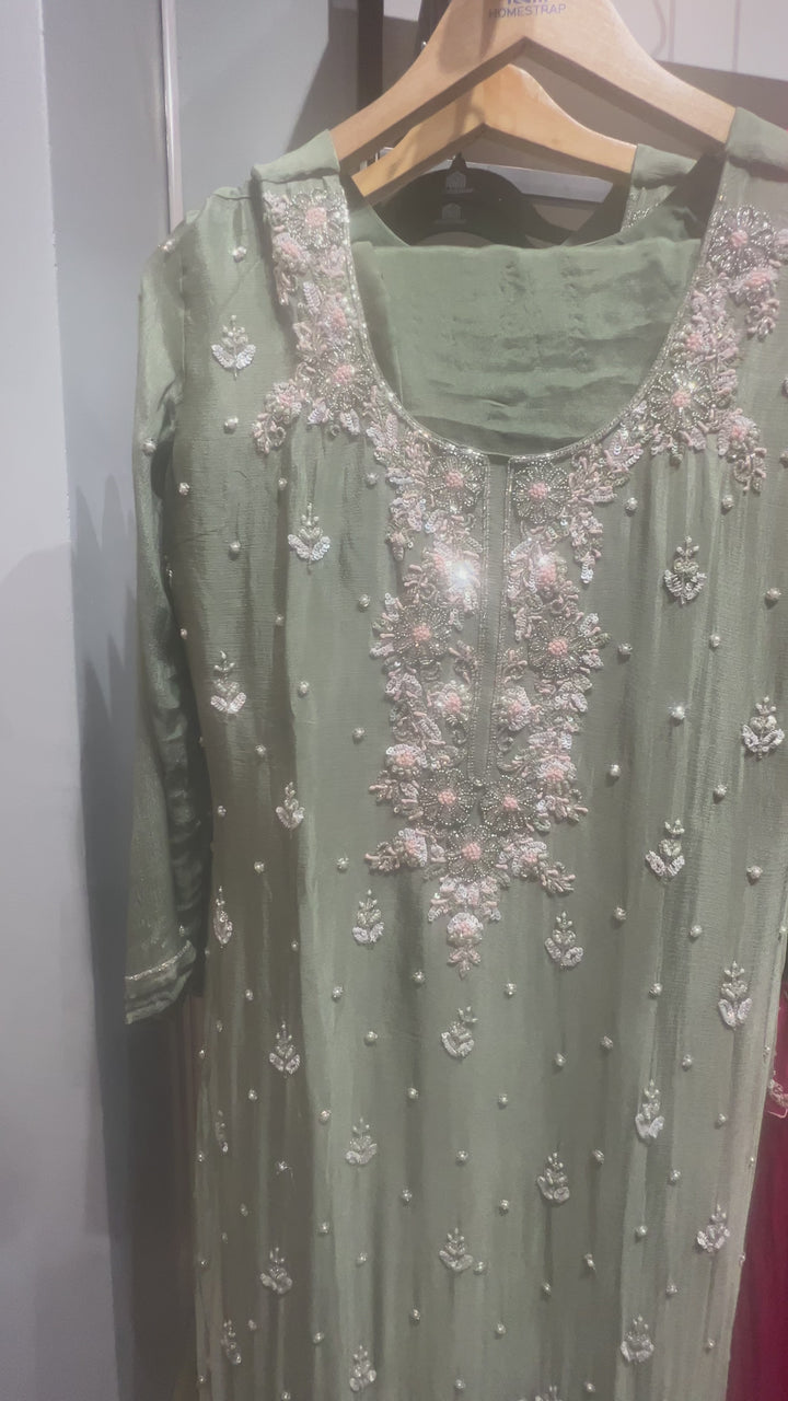 Green Satin Silk Embroidery Premium 3-Piece Kurta Set